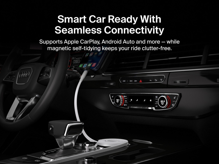 Belkin BoostCharge Pro Magnetic USB-C Cable 240W used in a car for Apple CarPlay and Android Auto, with magnetic self-coiling design keeping the vehicle interior tidy.