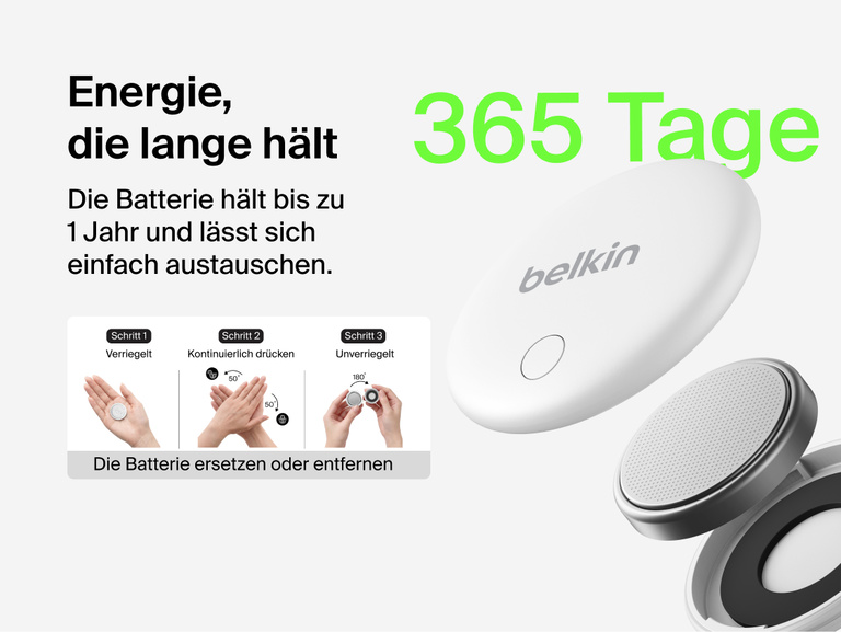 Der Belkin SureFind Spot Tracker hat eine Batterielaufzeit von bis zu einem Jahr. Die Batterie ist austauschbar. Das Akkufach mit Drehverschluss ist einfach zu &ouml;ffnen.
