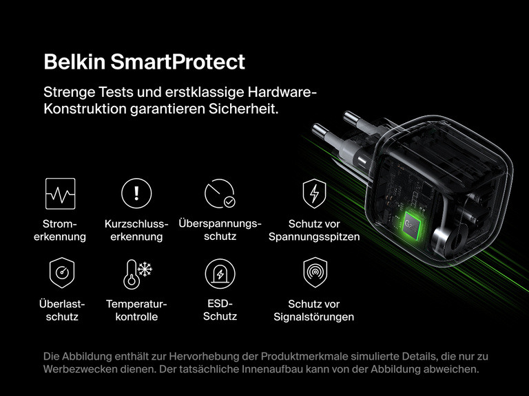 Belkin BoostCharge Pro USB-C-GaN-Ladegerät mit zwei Anschlüssen (50 W) und SmartProtect Technologie, die Schutz vor Überstrom, Kurzschluss, Überspannung, Überlast und elektrostatischer Entladung (ESD) sowie eine Temperaturkontrolle zum sicheren Laden bietet.