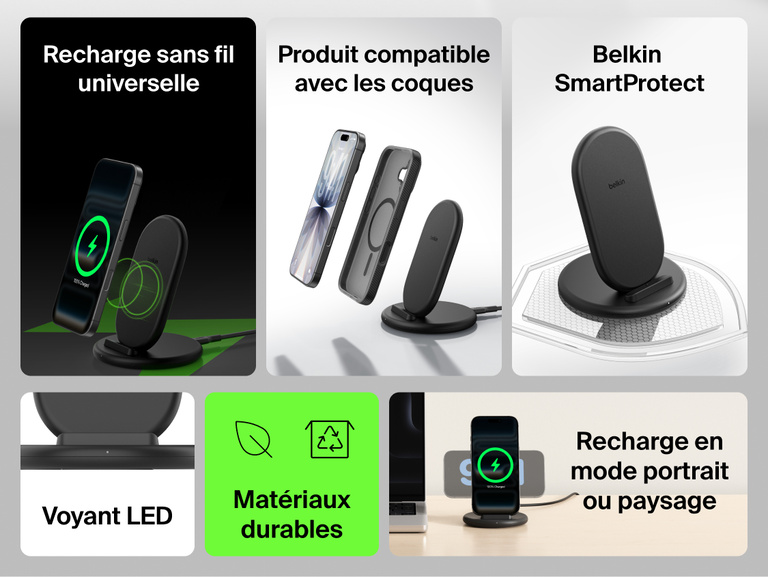 Belkin BoostCharge Wireless Charging Stand 15W shown with key features including universal wireless charging, case compatibility, SmartProtect technology, LED indicator, sustainable materials, and 15W fast charging.