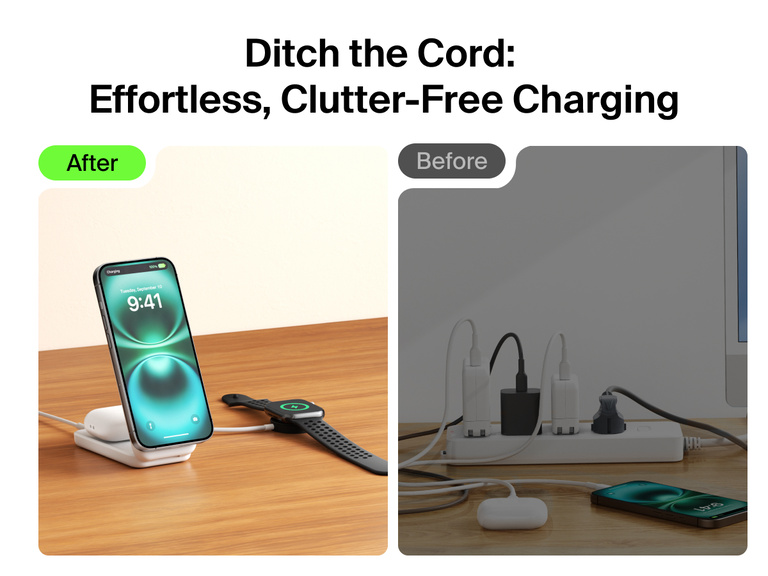 Belkin UltraCharge 2-in-1 Foldable Magnetic Charger with Qi2 25W offers a clutter-free alternative to messy cords by wirelessly charging iPhone, AirPods, and Apple Watch in one sleek setup.