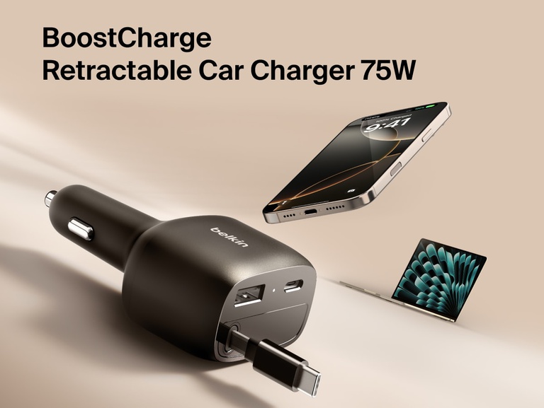 Image of the Belkin BoostCharge Retractable Car Charger 75W with USB-C and USB-A ports shown charging an iPhone and iPad.