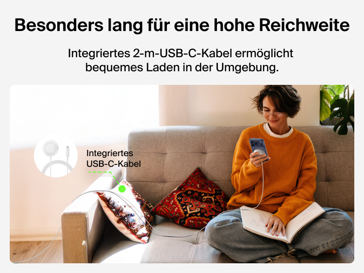 Das Belkin UltraCharge magnetische Ladeger&auml;t mit Qi2 25W wird mit einem 2&nbsp;m langen USB-C-Kabel gezeigt, das genug Spielraum zum bequemen Laden &uuml;berall im Raum bietet.