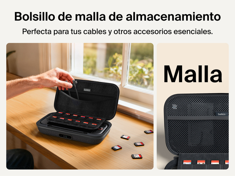 Belkin Gaming Charging Case Pro for Nintendo Switch 2 shown with mesh utility pocket for storing charging cables, accessories, and gaming essentials.