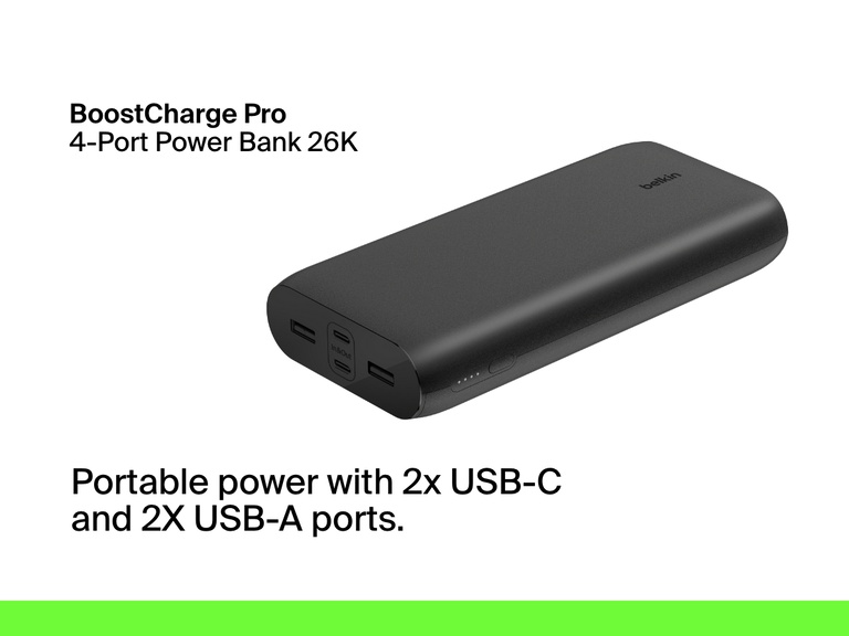 Belkin BoostCharge Power Bank 10K with Display shown in five colors&mdash;black, white, pink, blue, and sand&mdash;featuring a built-in USB-C cable, LED battery percentage display, and compact design for on-the-go charging.
