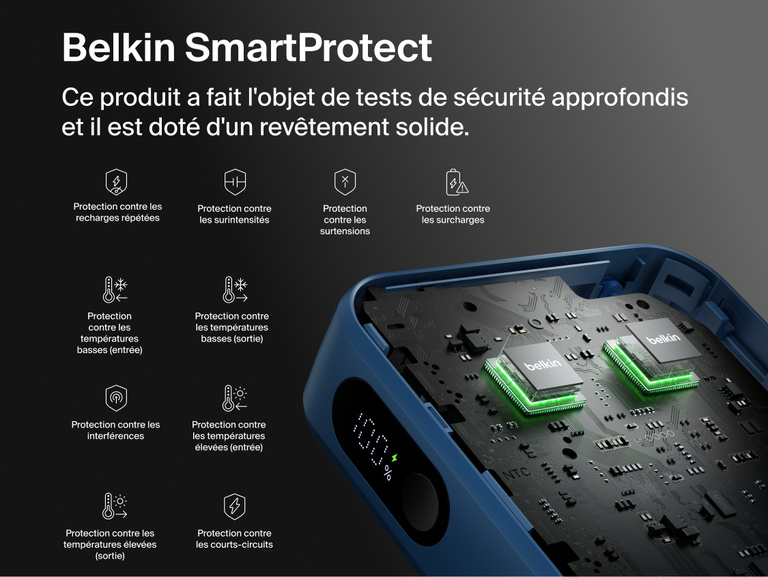 Belkin UltraCharge 20K 45W power bank with integrated cable featuring SmartProtect safety system with multi-layer protection for secure and reliable charging