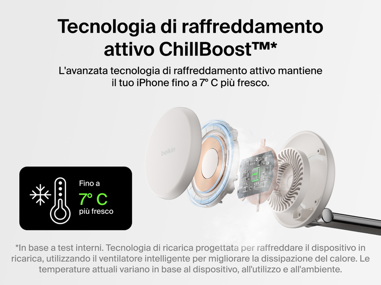 Il dock di ricarica magnetica 3 in 1 con Qi2 da 25 W Belkin UltraCharge Pro sfrutta la tecnologia di raffreddamento attivo ChillBoost™ per mantenere il telefono fino a 7 gradi Celsius più fresco durante la ricarica wireless rapida.