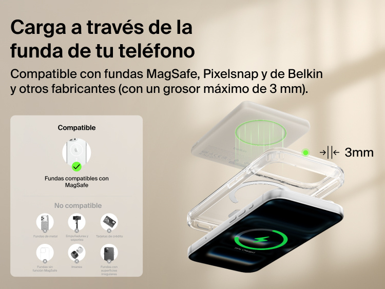 Belkin BoostCharge Slim Magnetic Power Bank 5K with Qi2 wirelessly charging a smartphone through a MagSafe-compatible case up to 3 mm thick for convenient everyday use.