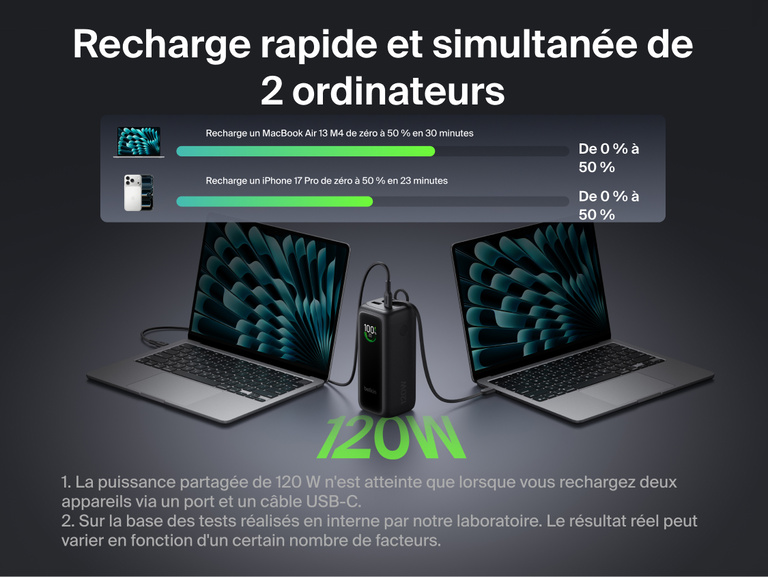 Image d'ne batterie externe 22K UltraCharge avec c&acirc;ble r&eacute;tractable pr&eacute;sent&eacute;e avec son bo&icirc;tier ouvert, laissant appara&icirc;tre les cellules de batterie internes et mettant en avant sa capacit&eacute; de 22&nbsp;000&nbsp;mAh offrant plusieurs recharges d'ordinateurs portables et de t&eacute;l&eacute;phones.