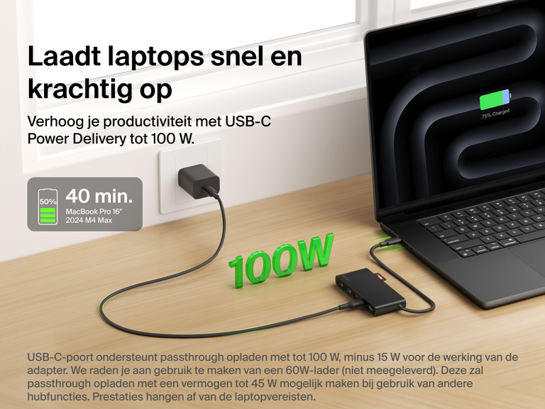 Belkin Connect 7-Port USB-C Hub with Dual USB-C Ports providing up to 100W USB-C Power Delivery for laptop charging.