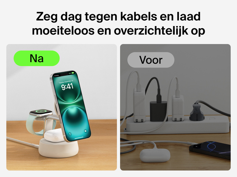 Het Belkin UltraCharge Pro 3-in-1 magnetische laadstation met Qi2 25W biedt moeiteloos en overzichtelijk opladen door meerdere kabels te vervangen door één stijlvolle draadloze oplossing voor iPhone, Apple Watch en AirPods.