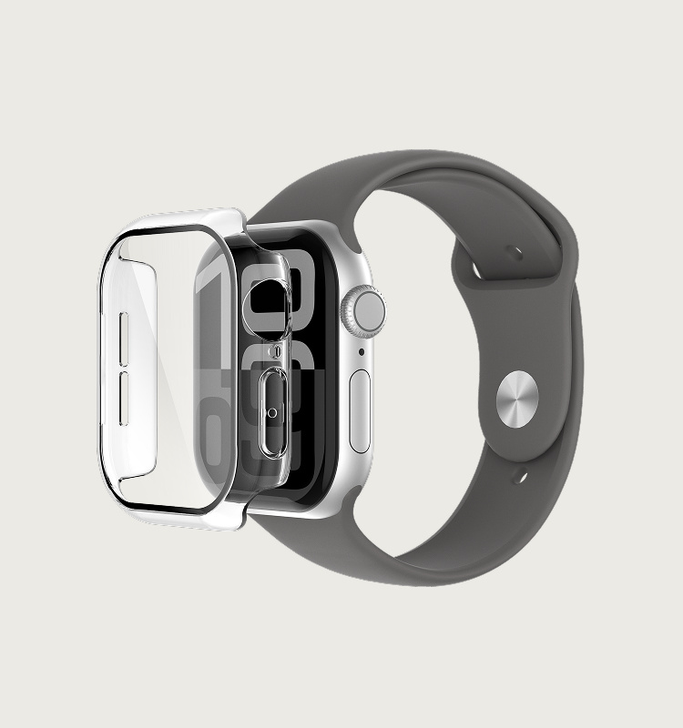 Image of an Apple Watch with a transparent protective case.