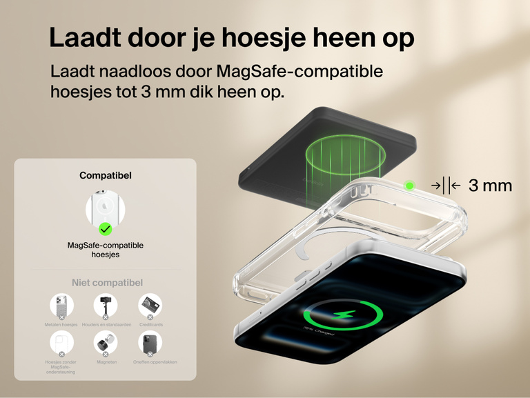 Belkin BoostCharge Slim Magnetic Power Bank 5K with Qi2 wirelessly charging a smartphone through a MagSafe-compatible case up to 3 mm thick for convenient everyday use.