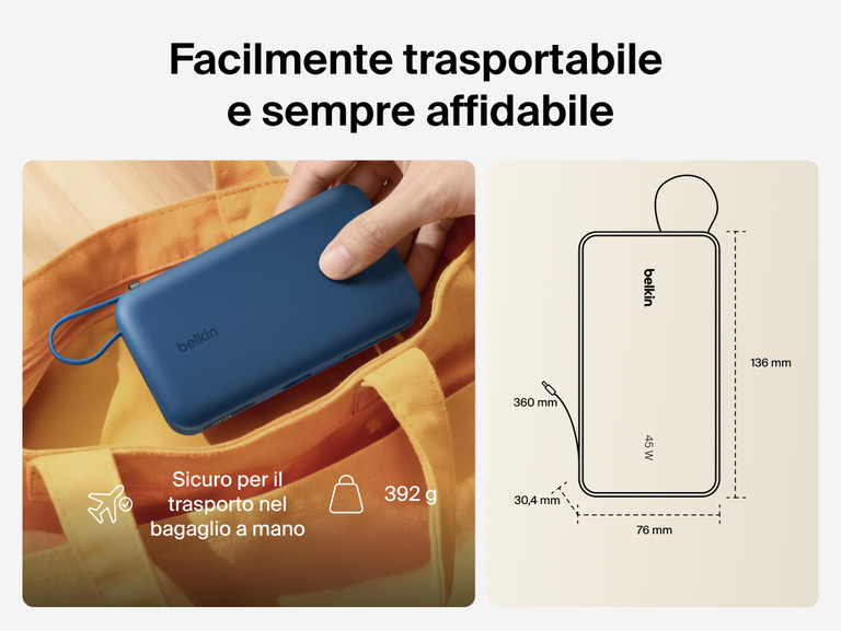 Belkin UltraCharge 20K 45W power bank with integrated cable designed for portable, TSA-approved travel with compact size and reliable on-the-go charging