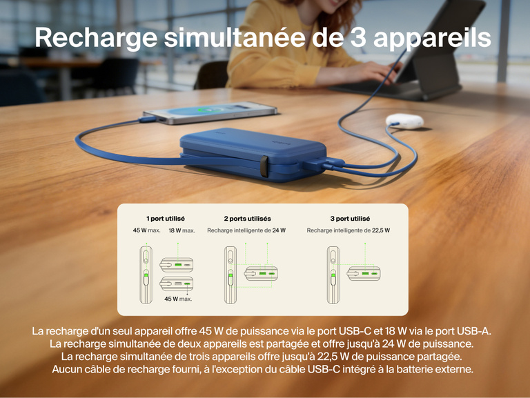 Belkin UltraCharge 10K power bank with integrated USB-C cable and digital display charging up to three devices simultaneously with smart power sharing