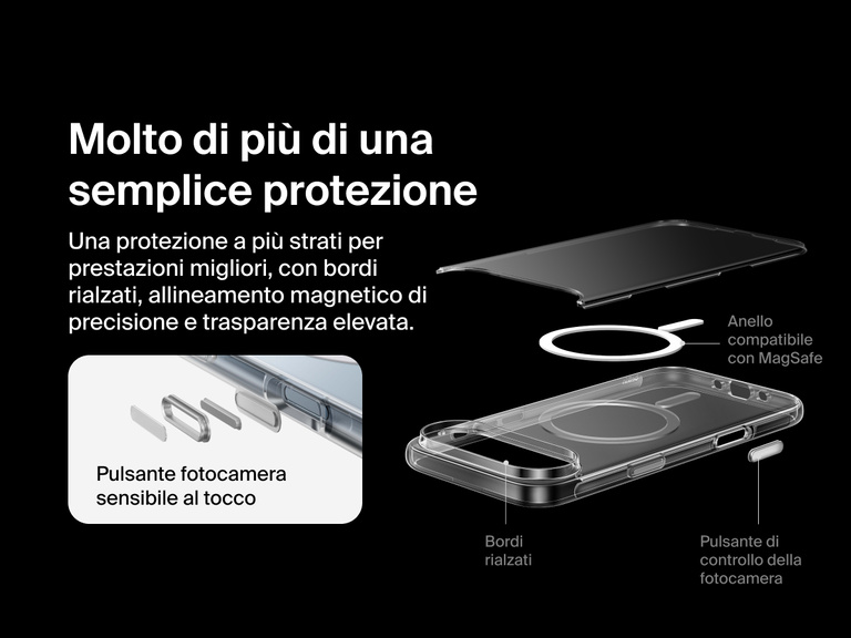 Belkin SheerForce Clear Series Case for iPhone 17 with raised edges, MagSafe-compatible ring, touch-sensitive camera button, and layered clear protection design.