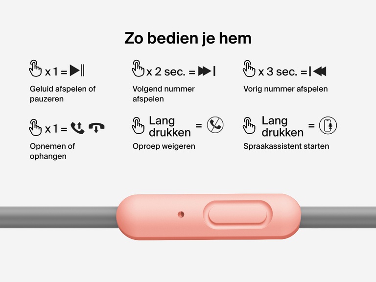 Visual guide showing the in-line control functions of Belkin Wired On-Ear Headphones for Kids, including audio playback, call handling, voice assistant activation, and track navigation.