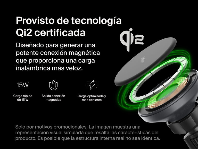 Exploded view of the Belkin BoostCharge Magnetic Wireless Charging Car Vent and Dash Mount highlighting its Qi2-certified 15W fast charging, strong magnetic connection, and optimized charging efficiency.