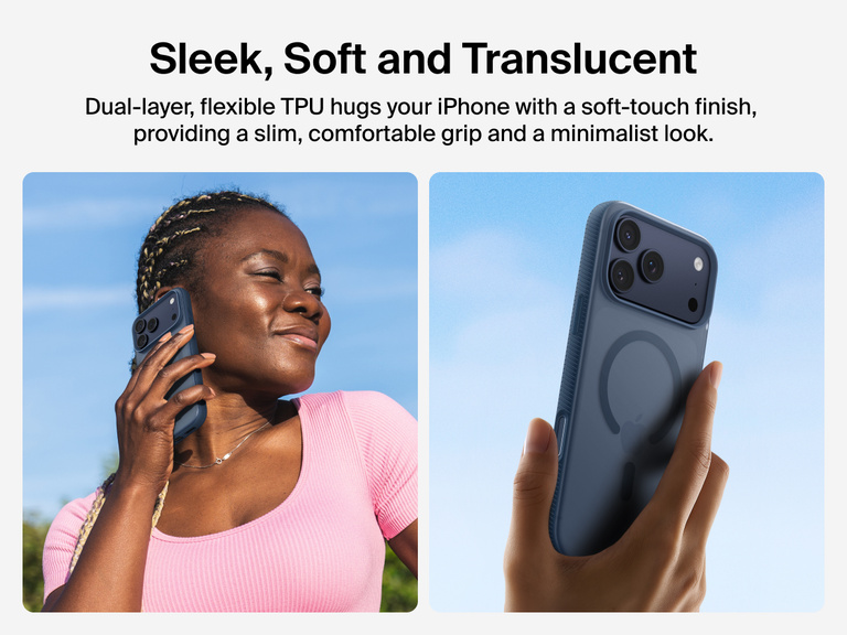 Belkin SheerForce Grip Series Case for iPhone 17 with slim translucent design and soft-touch finish for a comfortable grip.