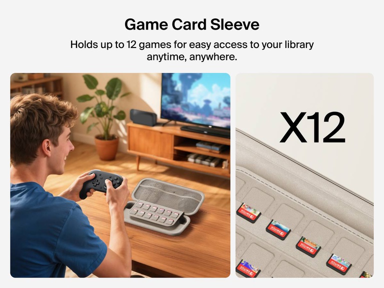 Man gaming with a controller beside the Belkin Gaming Travel Case for Nintendo Switch 2, which features a built-in sleeve that holds up to 12 game cards for easy access.