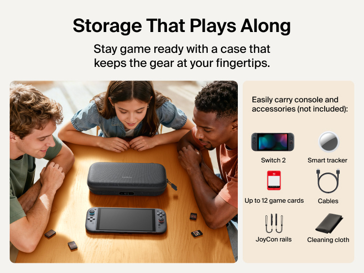 Belkin Gaming Charging Case Pro for Nintendo Switch 2 shown storing the console, game cards, cables, and accessories for organized, game-ready portability.