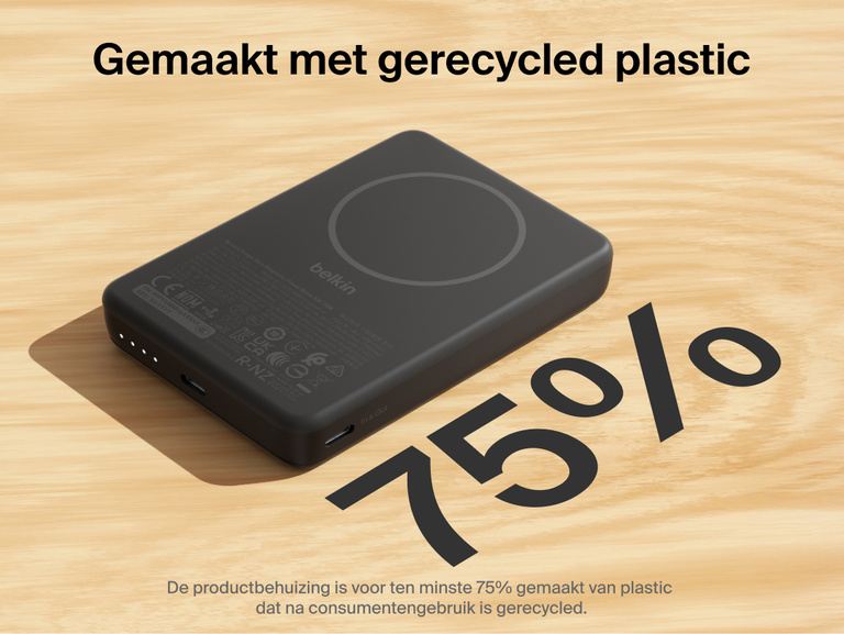 Belkin BoostCharge Slim Magnetic Power Bank 10K highlighting eco-friendly design made with 75% post-consumer recycled plastic and USB-C charging ports