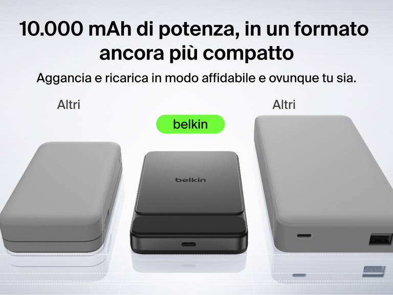 Belkin UltraCharge Slim Magnetic Power Bank 10K highlighting premium aluminum finish, ergonomic grip, soft-touch magnetic surface, digital display, and portable wireless charging design