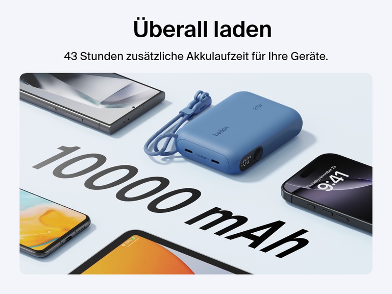 Die Belkin BoostCharge Powerbank 10K mit Display wird mit mehreren Geräten um sie herum gezeigt, um die 10.000-mAh-Kapazität und die Fähigkeit, bis zu 43 Stunden zusätzliche Akkulaufzeit unterwegs zu liefern, zu veranschaulichen.
