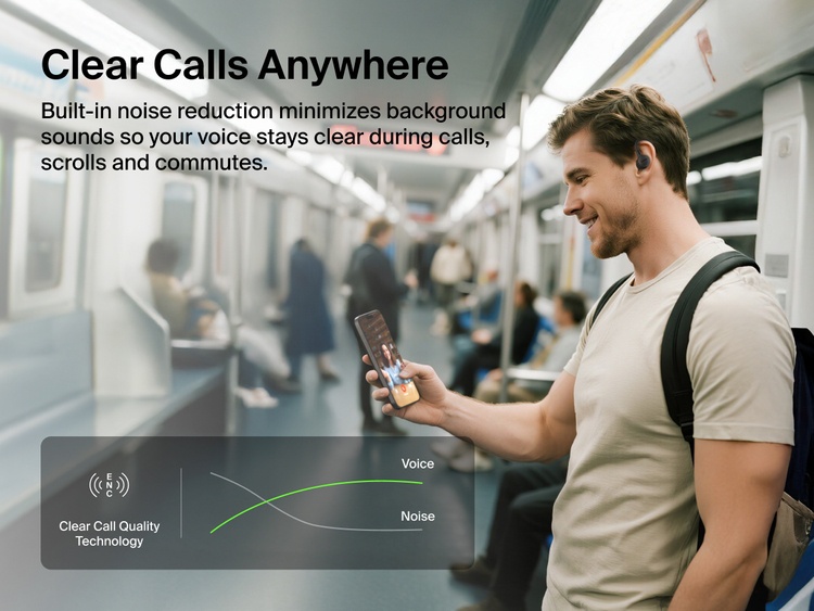 Belkin SoundForm ActiveFit Wireless Earbuds with clear call quality technology and built-in noise reduction, shown on a commuter using them on a subway train.