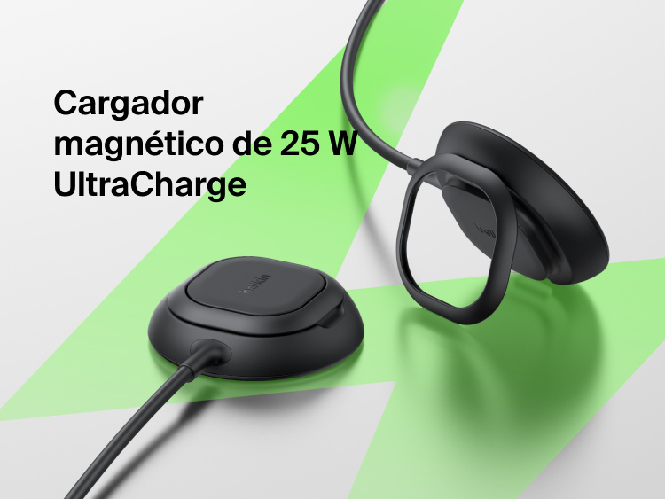 Se muestra como el elegante dise&ntilde;o del cargador magn&eacute;tico con Qi2 de 25 W Belkin UltraCharge le permite funcionar tanto como una base horizontal o un soporte vertical, proporcionando en ambos casos una carga inal&aacute;mbrica r&aacute;pida y segura.