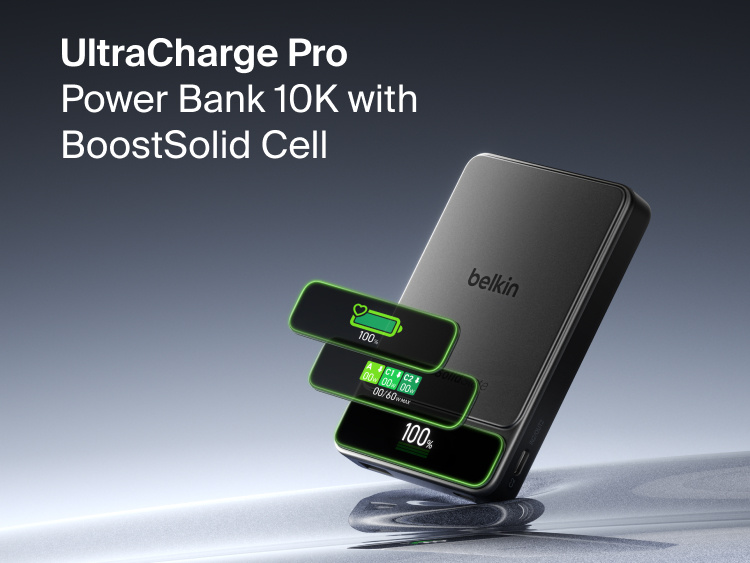 Belkin UltraCharge Pro Power Bank 10K with BoostSolid Cell featuring a smart display for battery status, real-time wattage and charging information.