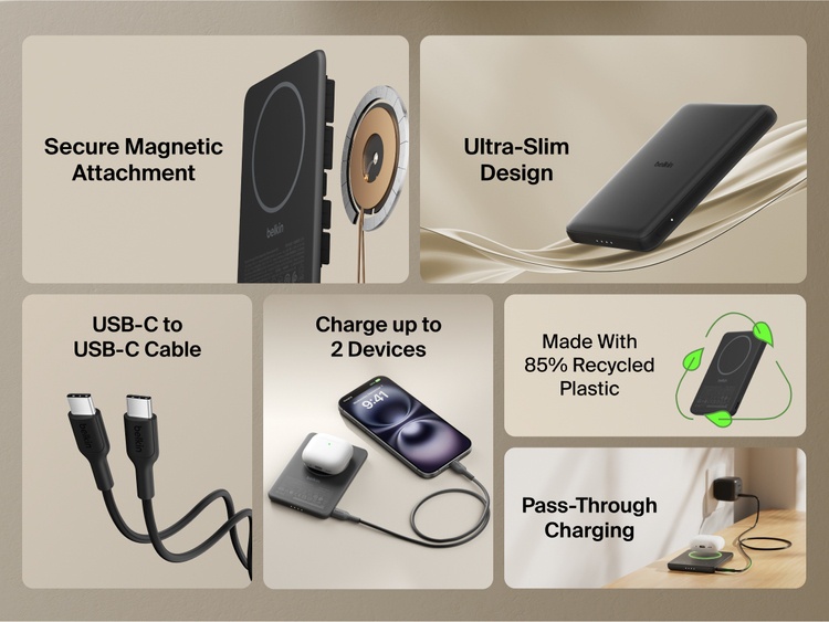 Belkin BoostCharge Slim Magnetic Power Bank 5K shown highlighting key features including secure magnetic ring, ultra-slim design, USB-C to USB-C cable, dual device charging, recycled materials, and pass-through charging capability.