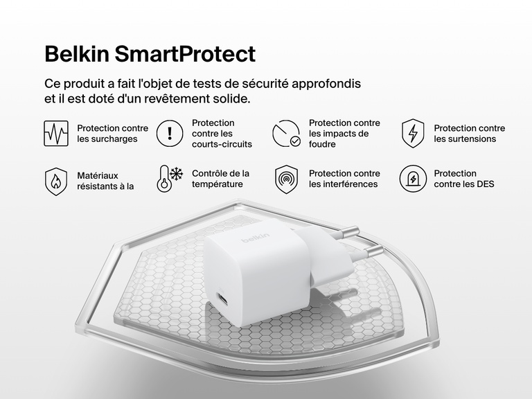 Belkin BoostCharge USB-C Wall Charger 25W shown with Belkin SmartProtect features, including over-voltage, surge, and short-circuit protection for enhanced charging safety.