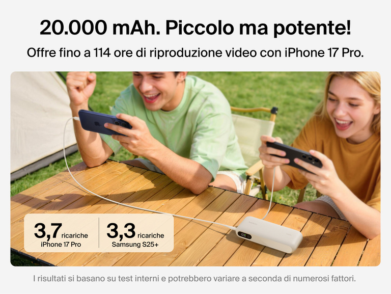 Belkin UltraCharge 20K 45W power bank with integrated cable charging smartphones outdoors, highlighting high-capacity battery performance and extended usage for mobile devices