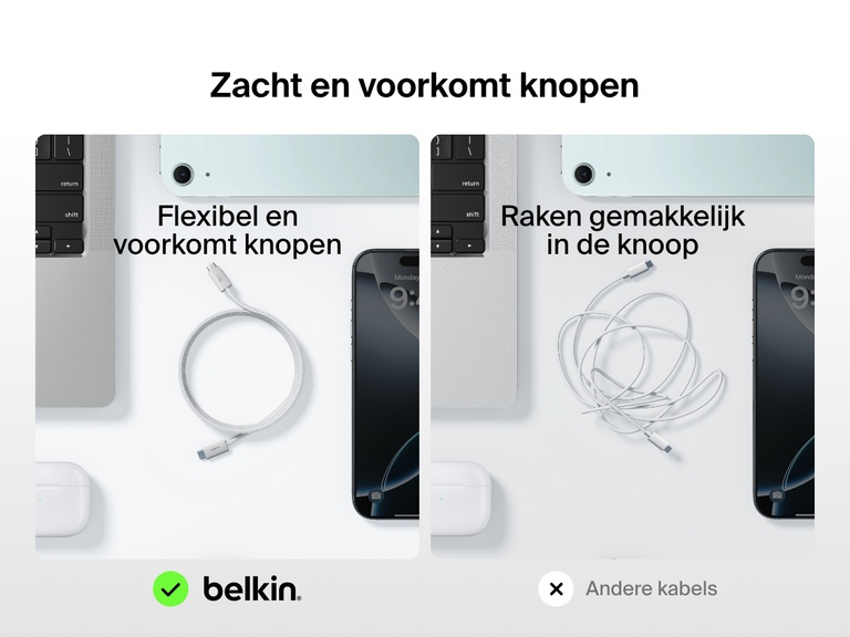 Vergelijkende afbeelding met aan de ene kant de flexibele Belkin BoostCharge 60 W USB-C-naar-USB-C-kabel die knoopvrij blijft en aan de andere kant standaardkabels die gemakkelijk in de knoop raken.