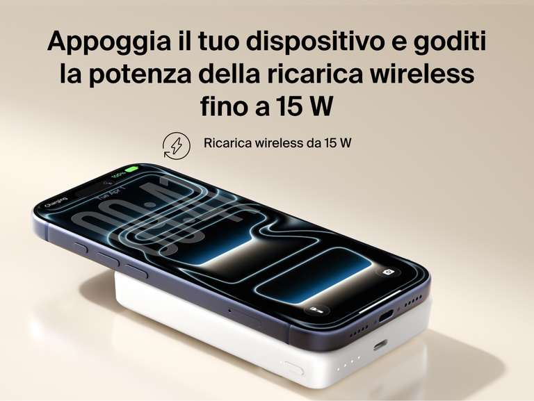 Slim Magnetic Power Bank 10K with Qi2 magnetically attached to smartphone demonstrating wireless charging capability