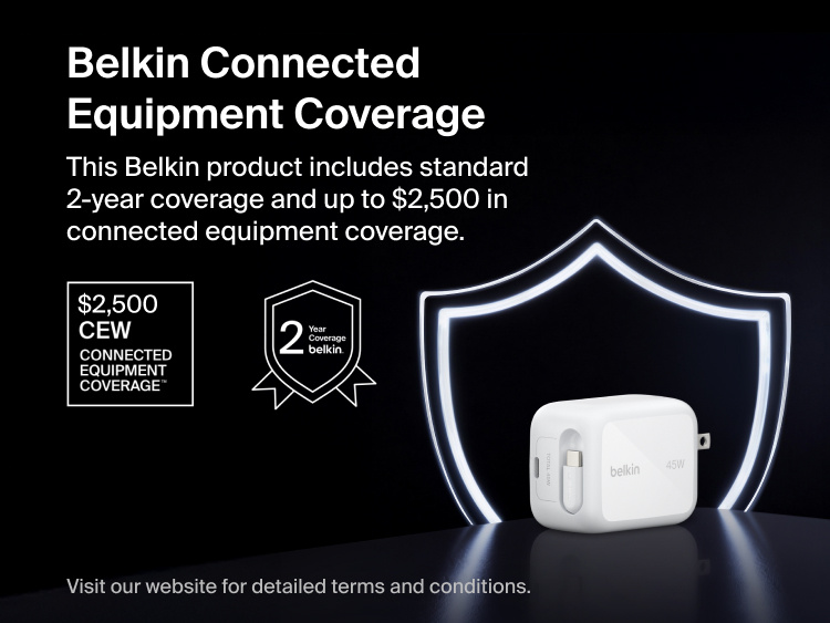 Belkin UltraCharge 45W retractable GaN wall charger with 2-year warranty and up to $2,500 connected equipment coverage for device protection