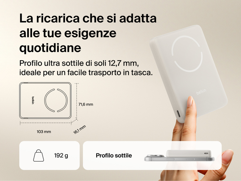 Belkin BoostCharge Slim Magnetic Power Bank 10K slim portable design with compact dimensions and lightweight build for easy pocket storage