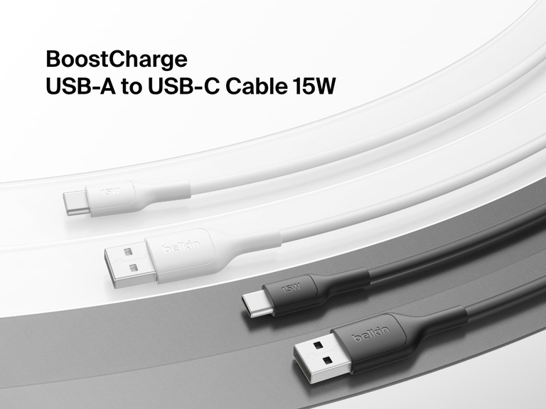 Image displaying black and white Belkin BoostCharge USB-A to USB-C Cables (15W), designed for fast, reliable charging and data transfer for USB-C devices.