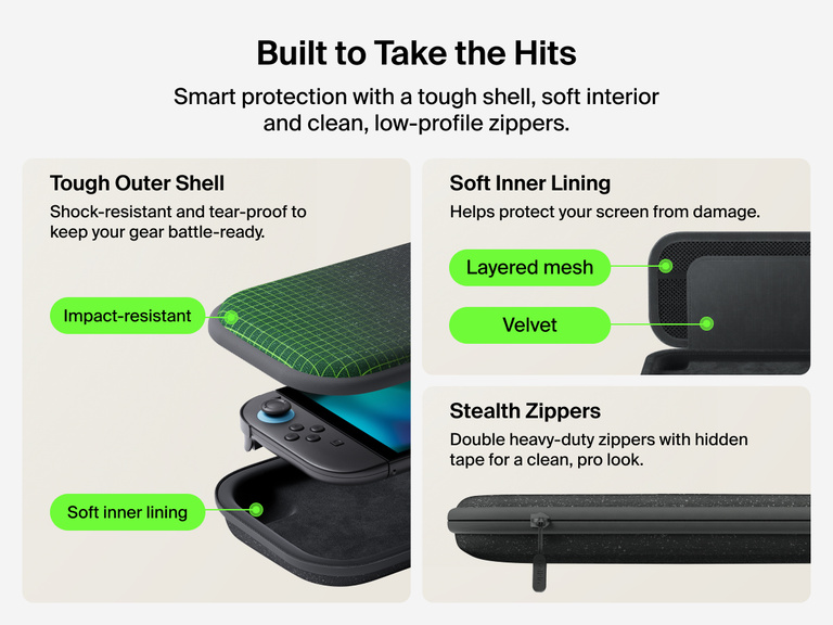 Belkin Gaming Travel Case for Nintendo Switch 2 features a tough outer shell, soft velvet and mesh interior, and stealth zippers for durable, protective, and stylish portability.