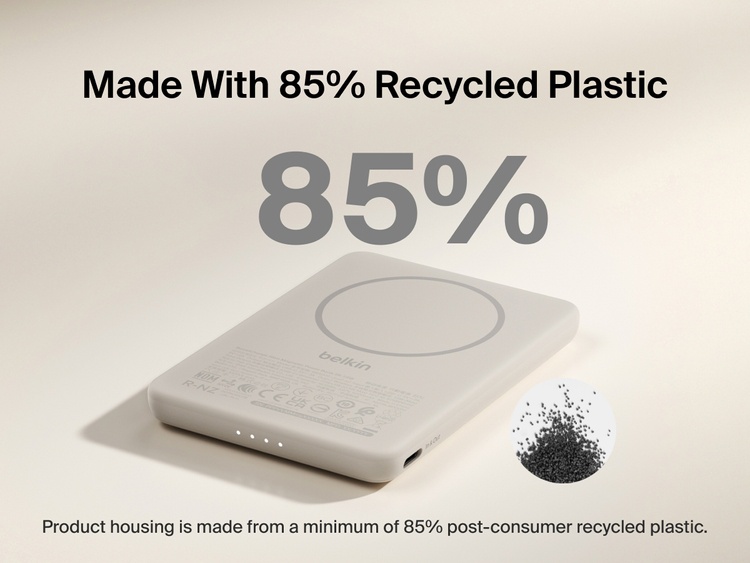 Belkin BoostCharge Slim Magnetic Power Bank 5K shown with text highlighting that its housing is made from 85% post-consumer recycled plastic for sustainable design.