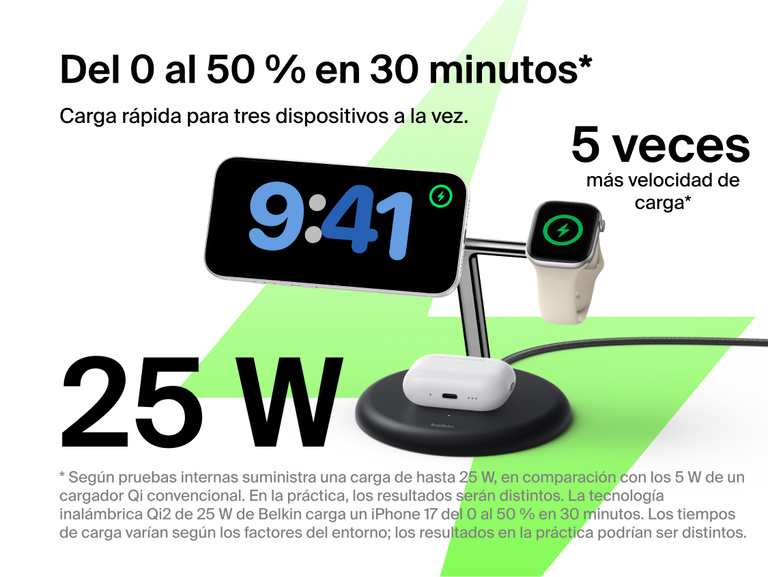 Belkin UltraCharge 3-in-1 Wireless Charging Stand with Qi2 25W charging iPhone, Apple Watch, and AirPods simultaneously on a compact vertical dock