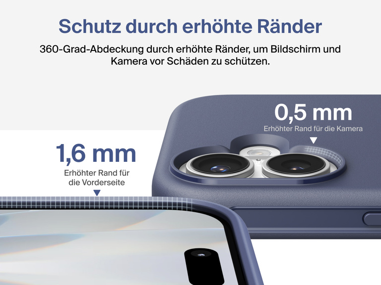 Belkin Hülle der SheerForce Protect Serie für das iPhone 17 mit erhöhten Rändern, die dem Militärstandard für Schutz bei Aufprall aus bis zu 4 m Höhe entspricht.