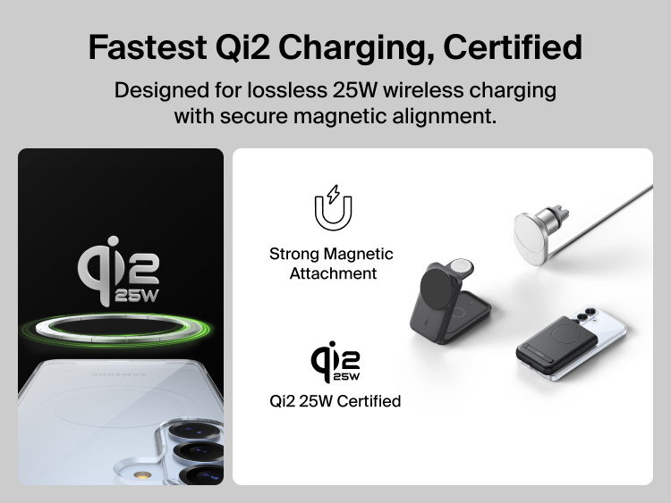 Belkin SheerForce Clear Series Case for Samsung Galaxy S26 shown supporting Qi2-certified 25W wireless charging with secure magnetic alignment for fast, efficient, and reliable charging.