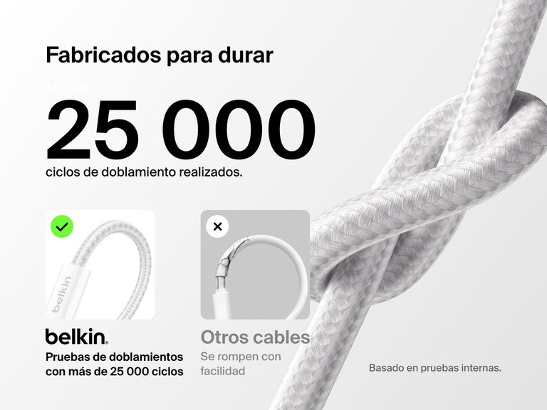 Cable Belkin BoostCharge USB-C con conector Lightning mostrado con un diseño trenzado y etiquetado con una vida útil de más de 25 000 doblamientos, lo que recalca su durabilidad comparada con los cables estándar que se rompen con facilidad.