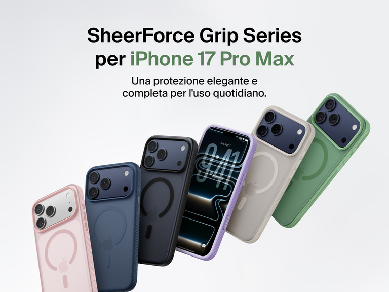 Belkin SheerForce Grip Series protective case for iPhone 17 shown in pink, clear, and black with slim design and MagSafe compatibility.