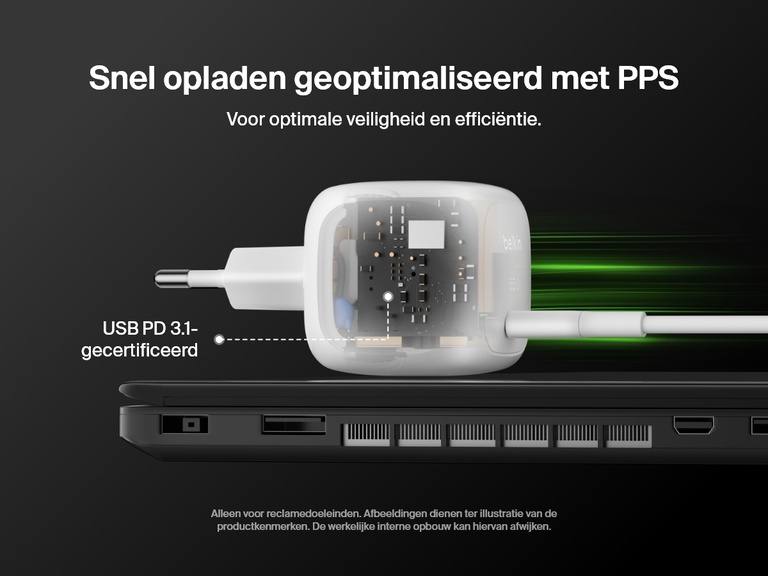ChatGPT said: Belkin BoostCharge compacte 65 W USB-C-wandlader met USB PD 3.1 certificering en PPS-technologie voor optimaal, efficiënt en veilig opladen van laptops en andere apparaten.