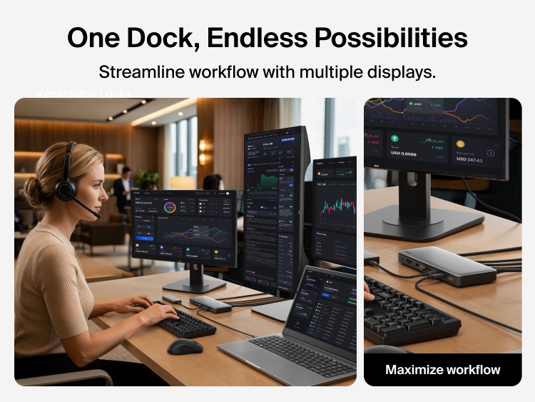 A Thunderbolt 4 dock setup supporting multiple external displays, showing a laptop connected to several monitors for multitasking and productivity.