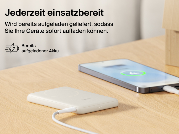 Belkin BoostCharge Slim Magnetic Power Bank 5K with Qi2 shown precharged and ready to deliver fast, portable wired or magnetic wireless charging straight out of the box.