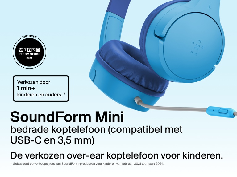 Close-up image of the Belkin SoundForm Mini Wired On-Ear Headphones for Kids, featuring a detachable boom mic and compatibility with USB-C and 3.5mm, promoted as the top choice for over one million kids and parents.
